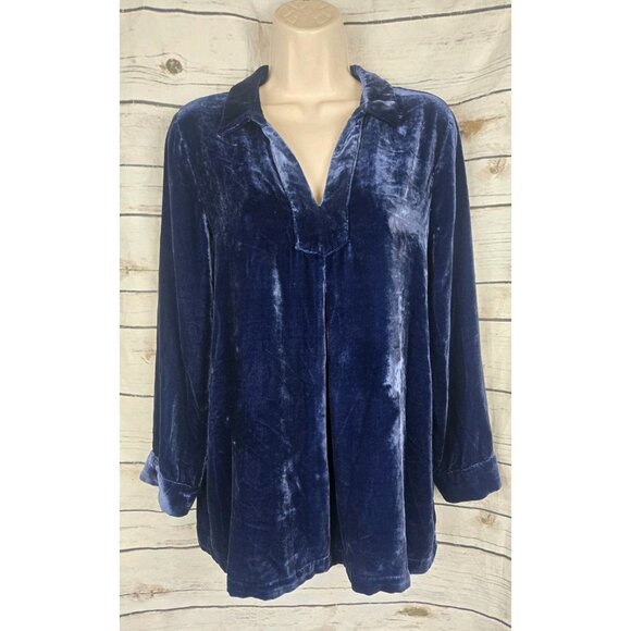 Sundance Blue Velvet Popover Top M Tunic Long Sleeves Silk Blend V-Neck - Picture 1 of 7